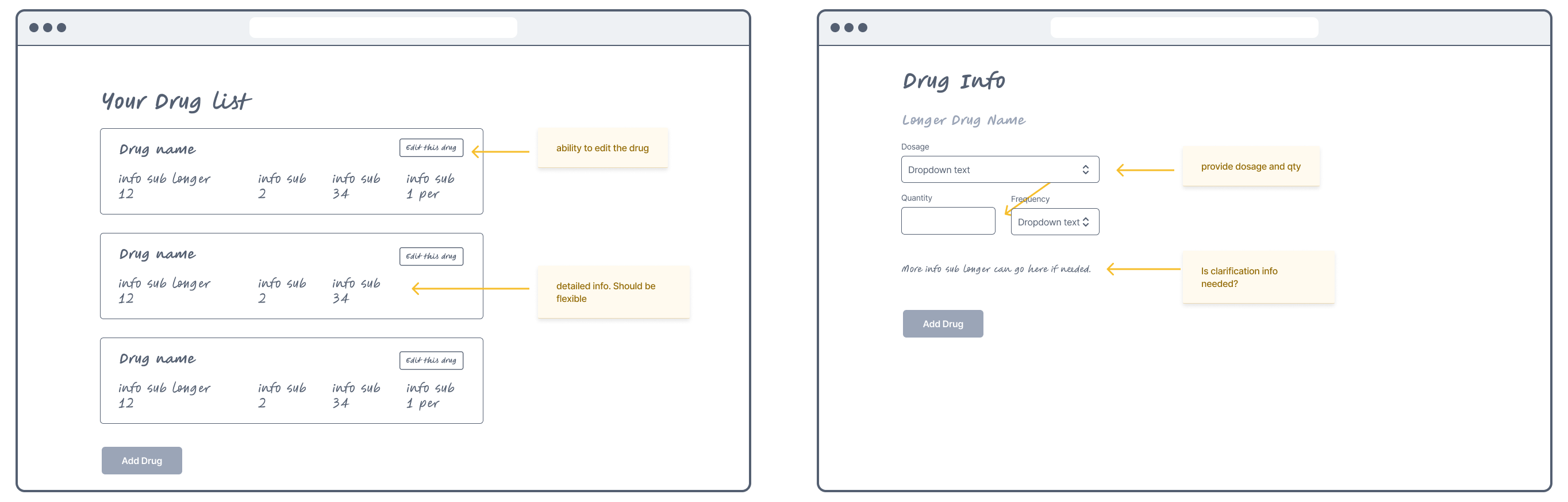 early wireframe mockups for drug adding pattern