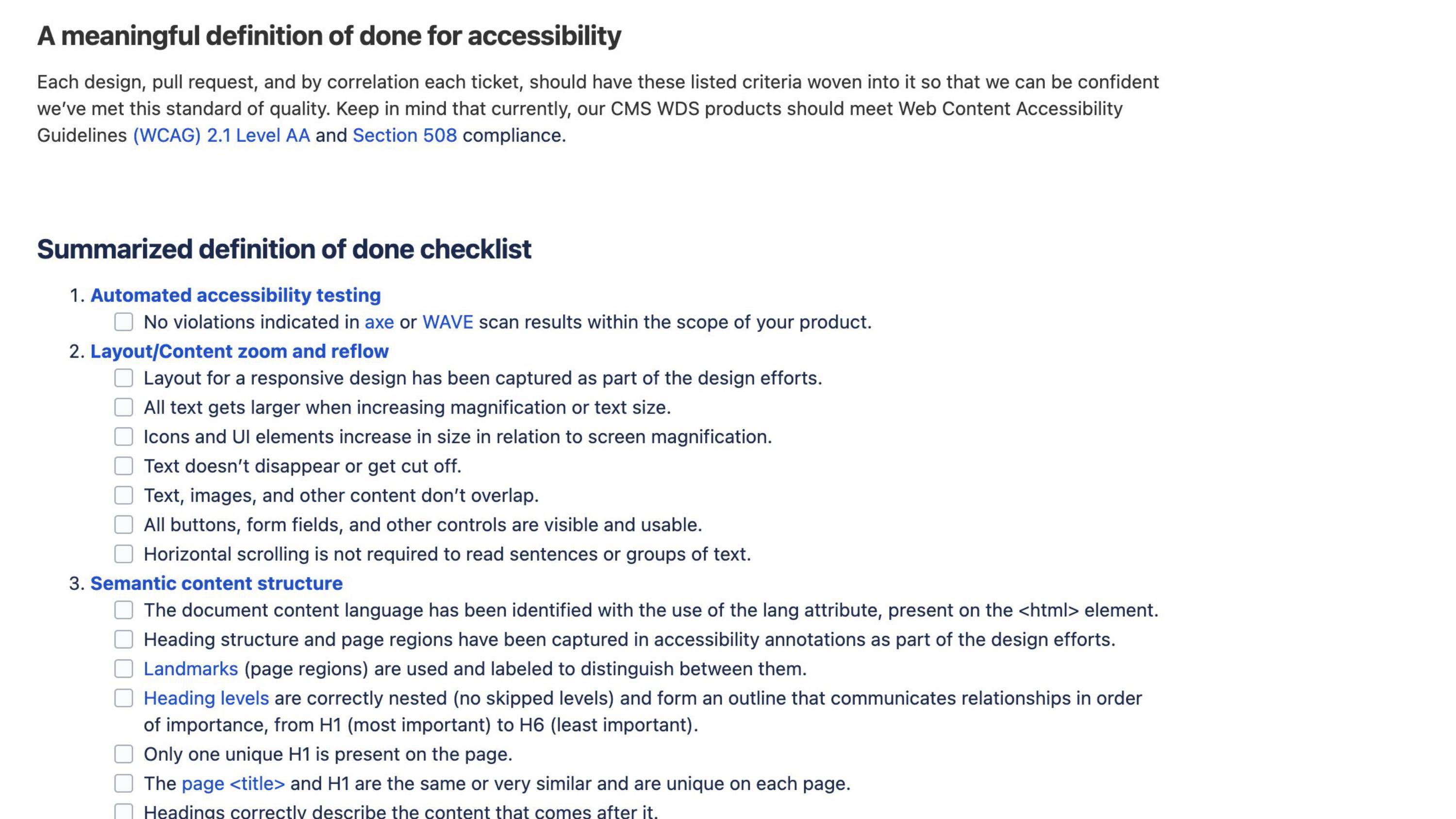 A screenshot of documentation laying out a Definition of done checklist around automated testing, content reflow, semantic HTML structure, etc.