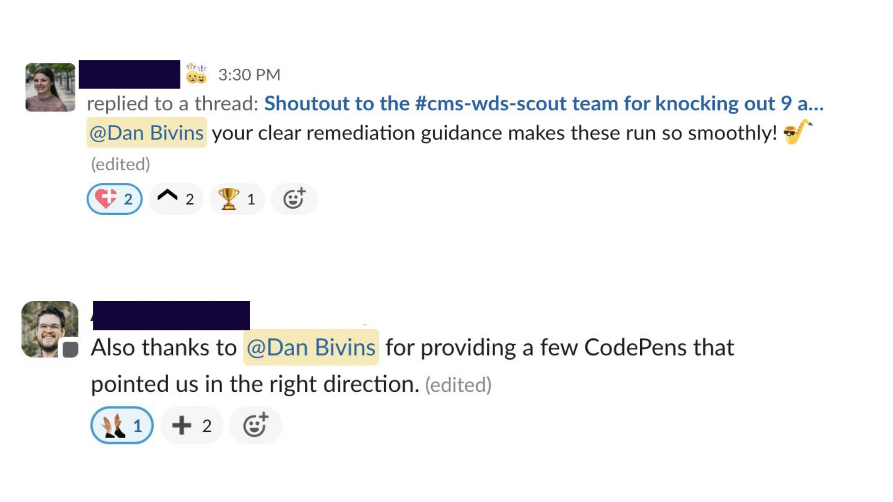 Shoutouts in Slack from teammates thanking Dan for clear remediation guidance and code examples