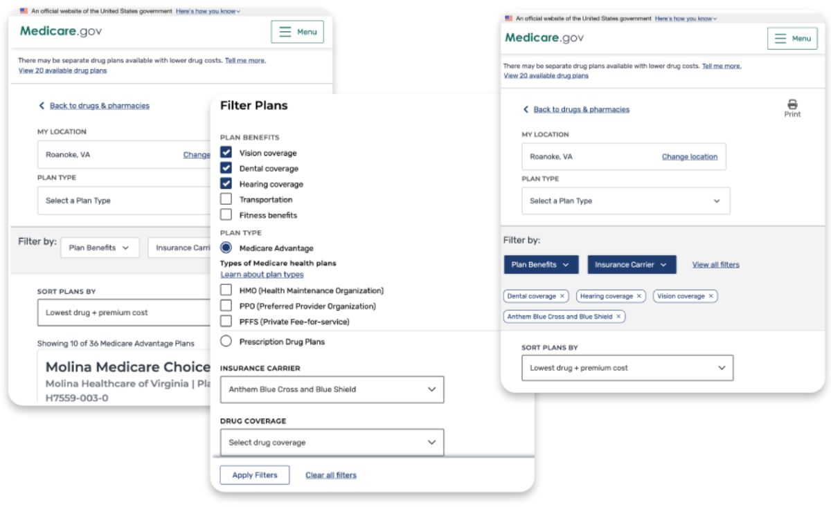 a filtering pattern where a user can reduce the number of plan results they receive. Here vision, dental, and hearing filters have been selected