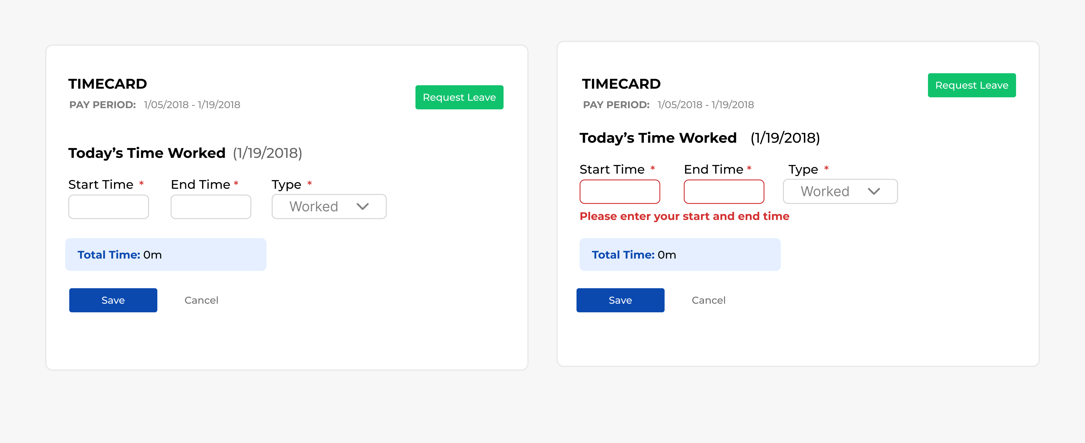 a simple timecard form design with empty and error states