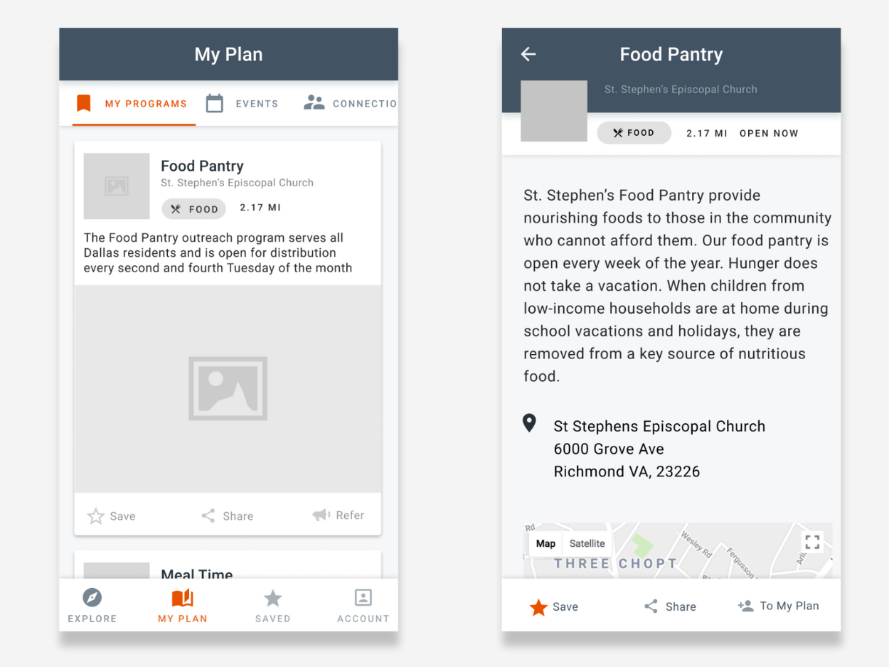 a mockup for an inmate or parollee user accessing their saved programs, events, and connections to community resources