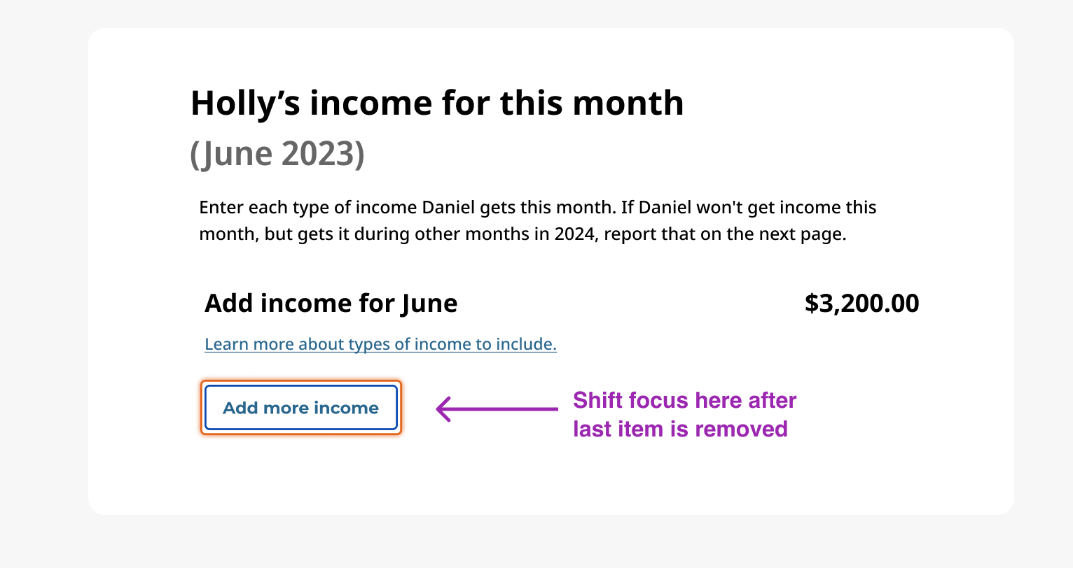 Visible focus has been shifted to the 'Add more income button.'