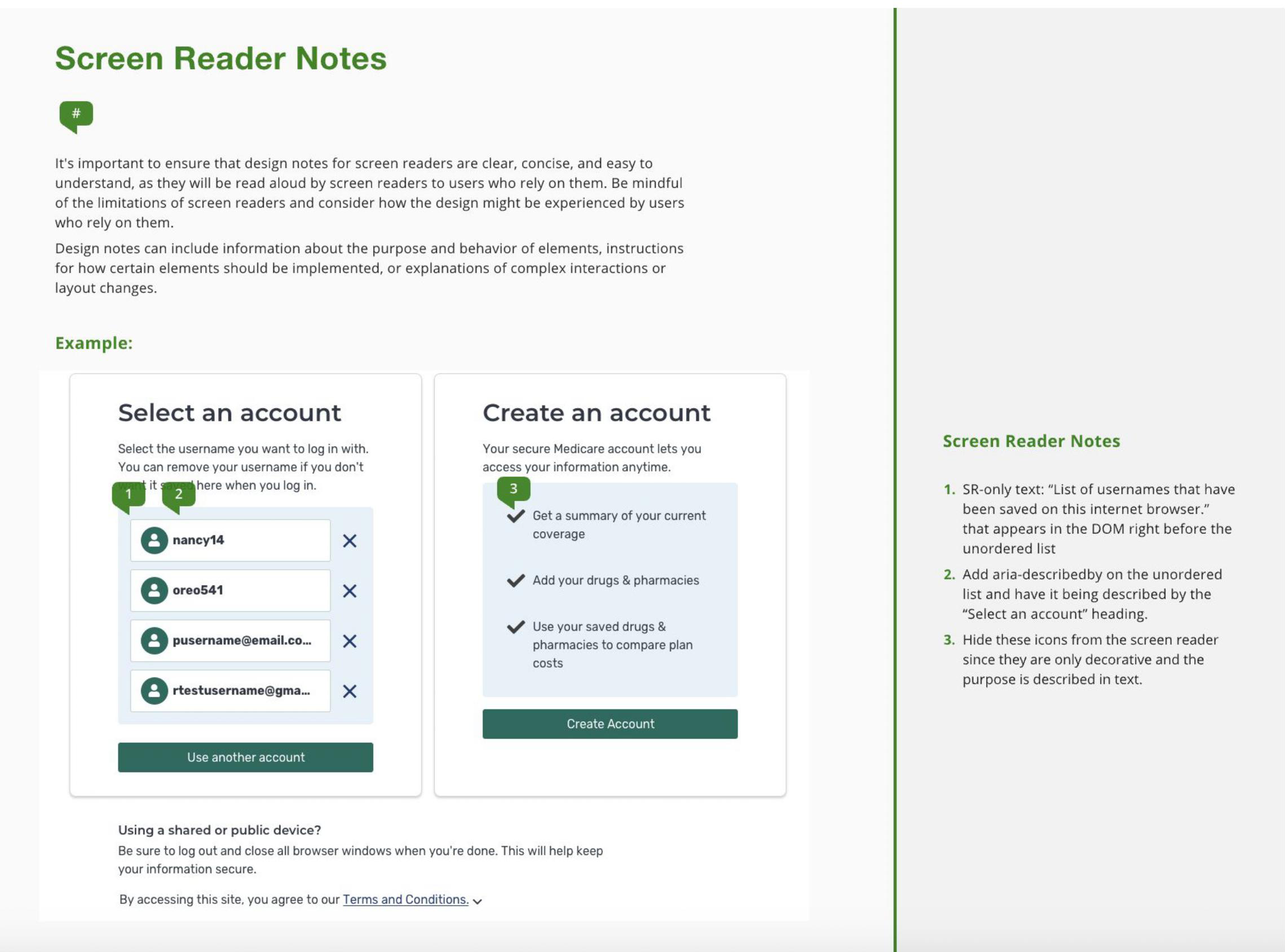 A screenshot of a mockup with screen reader UX annotation notes