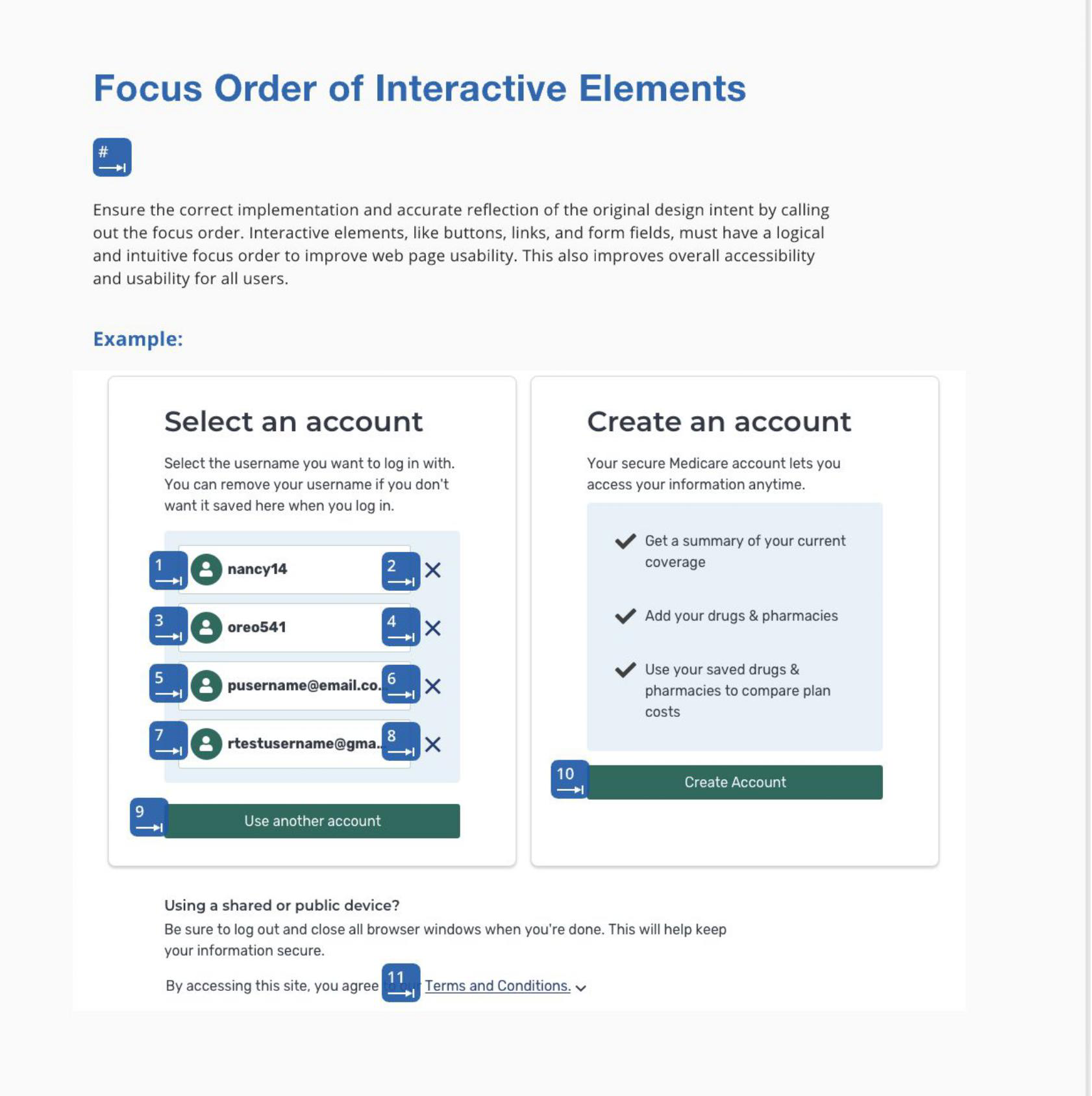 A screenshot of a mockup with focus order annotation notes